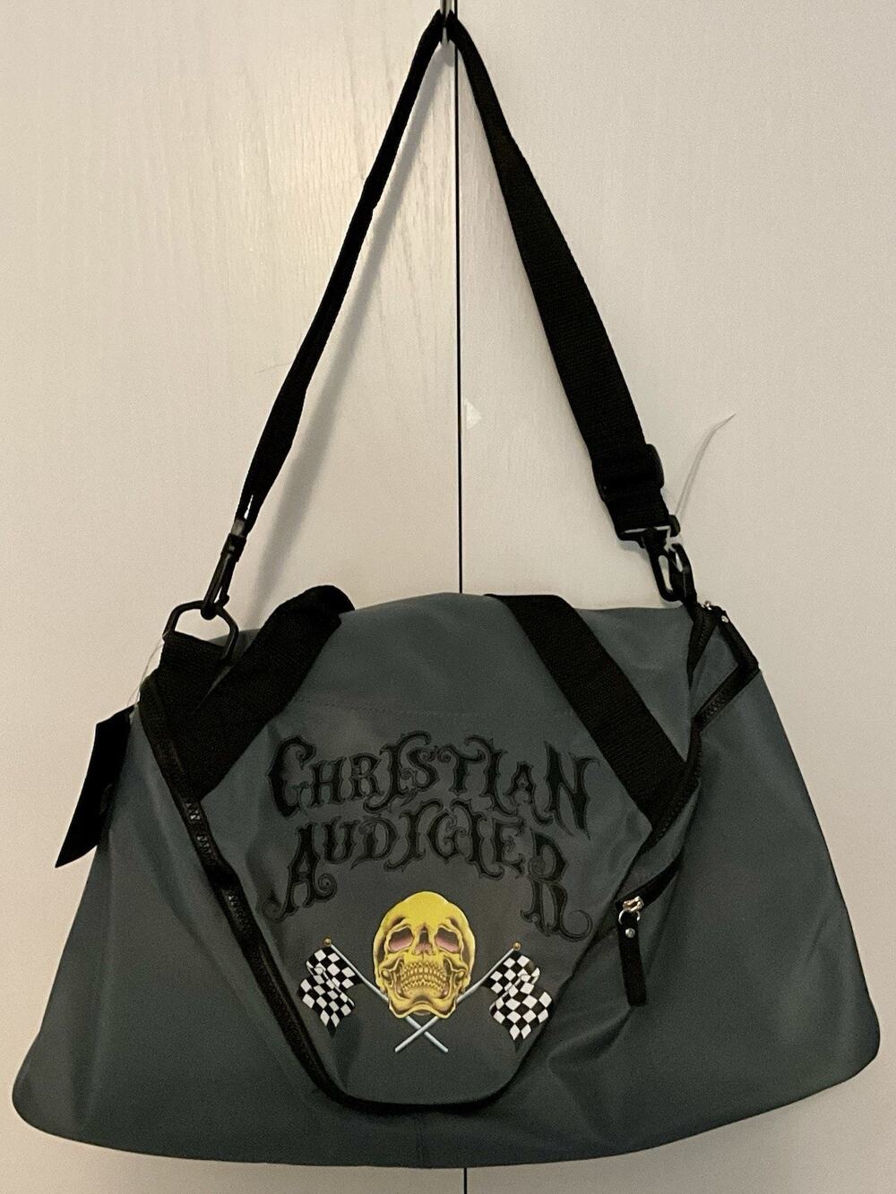 CHRISTIAN AUDIGIER / Ed Hardy Gray Duffle Bag Skull Racing Checkered Flag NWT